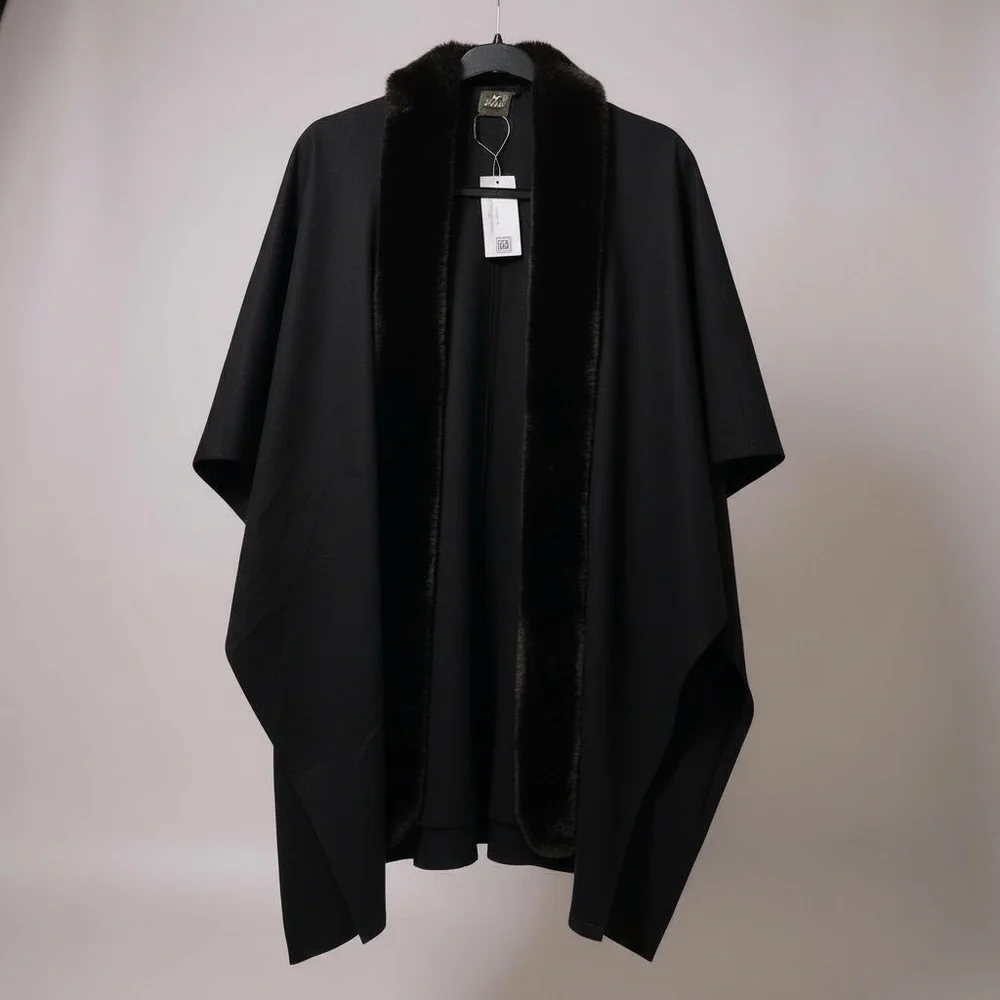 NWT Echo Women’s‎ Faux Fur Trim Fine Guage Black Cape Wrap Shawl Poncho Coat
